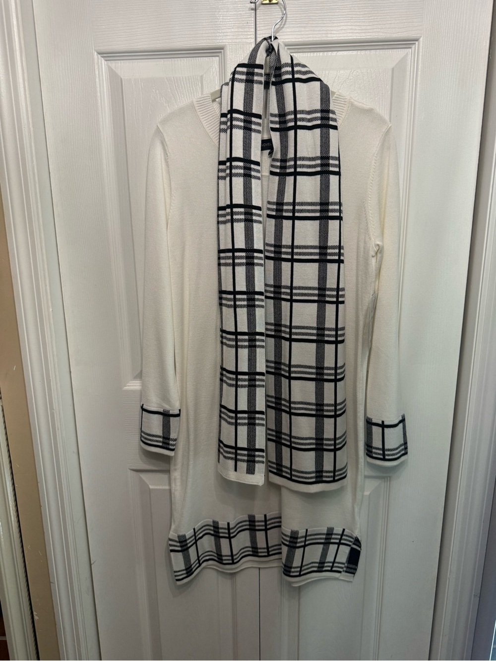 Cream Knit Dress with Black Windowpane Trim and Matching Scarf